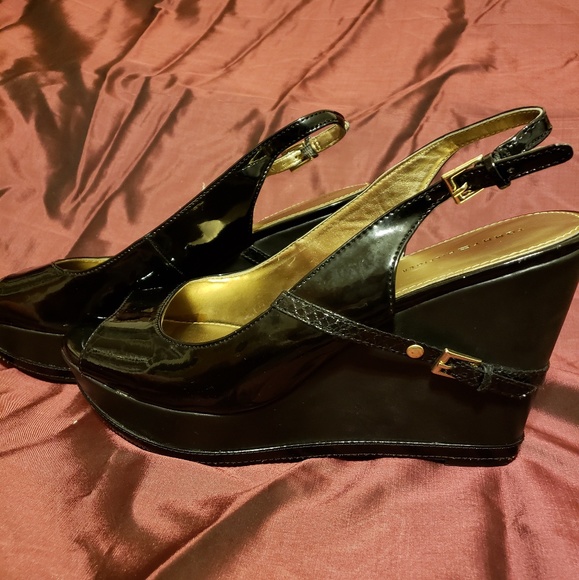 Black Tommy Hilfiger Patent Leather Wedges - Picture 4 of 6